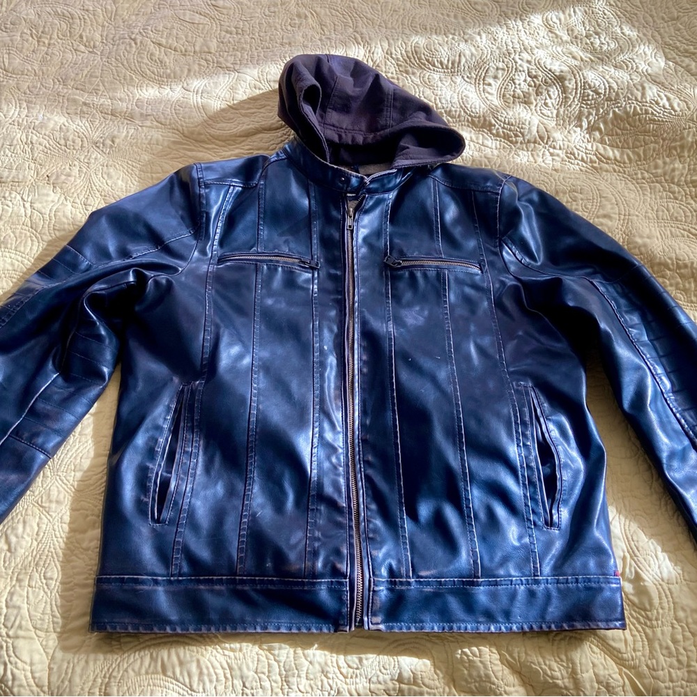 Levis Faux Leather Jacket Brown Hooded Full Zip Fleece Lined Coat